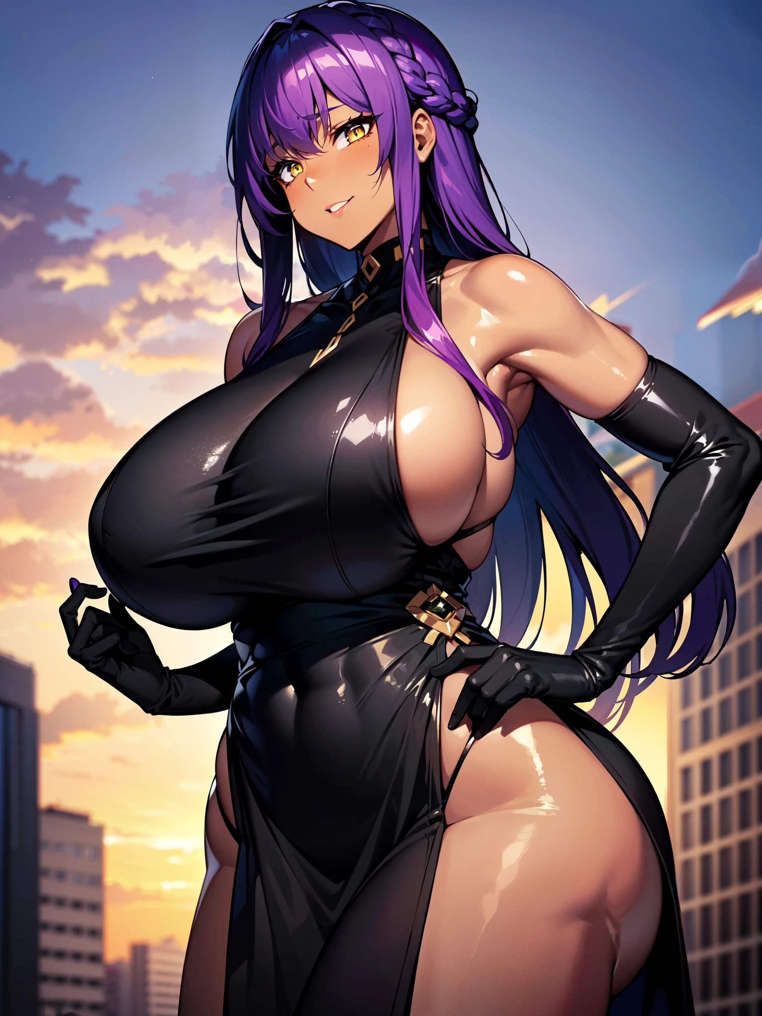 masterpiece, best quality, extremely detailed, 1girl, mature female, solo, (dark skin, black skin:2), valkyrie drive, valkyrie drive -mermaid-, lady j, (gigantic breasts:1.3), ((((purple hair), long hair, yellow eyes, slit pupils))), parted lips, (((black dress, elbow gloves, black gloves))), ((light smile), closed mouth)), ((hands on own hips, outdoor, school))