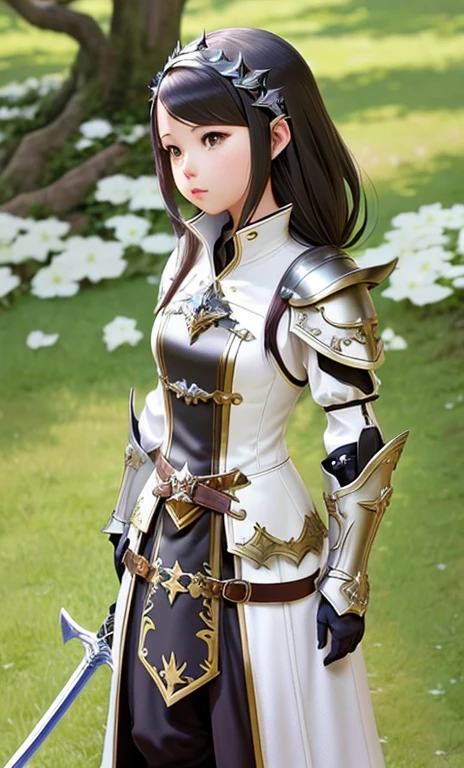 a close up of a person in a costume with a sword, from bravely default ii, dressed like a cleric, glossy white armor, very detailed and rich clothing, highly detailed character, blade and soul, hyperdetailed fantasy character, cleric, soldier outfit, gilded black uniform, jrpg fashion, pale black armor, lalafell, close up character