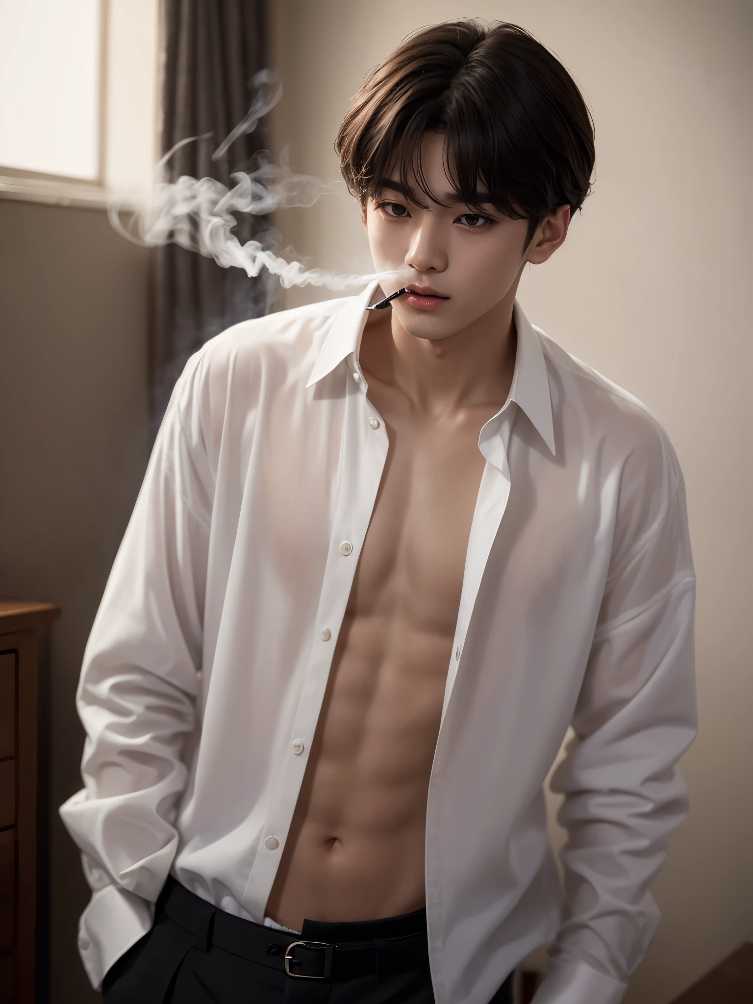 Boy smoking in a dimly lit room, taehyung de bts con camisa blanca