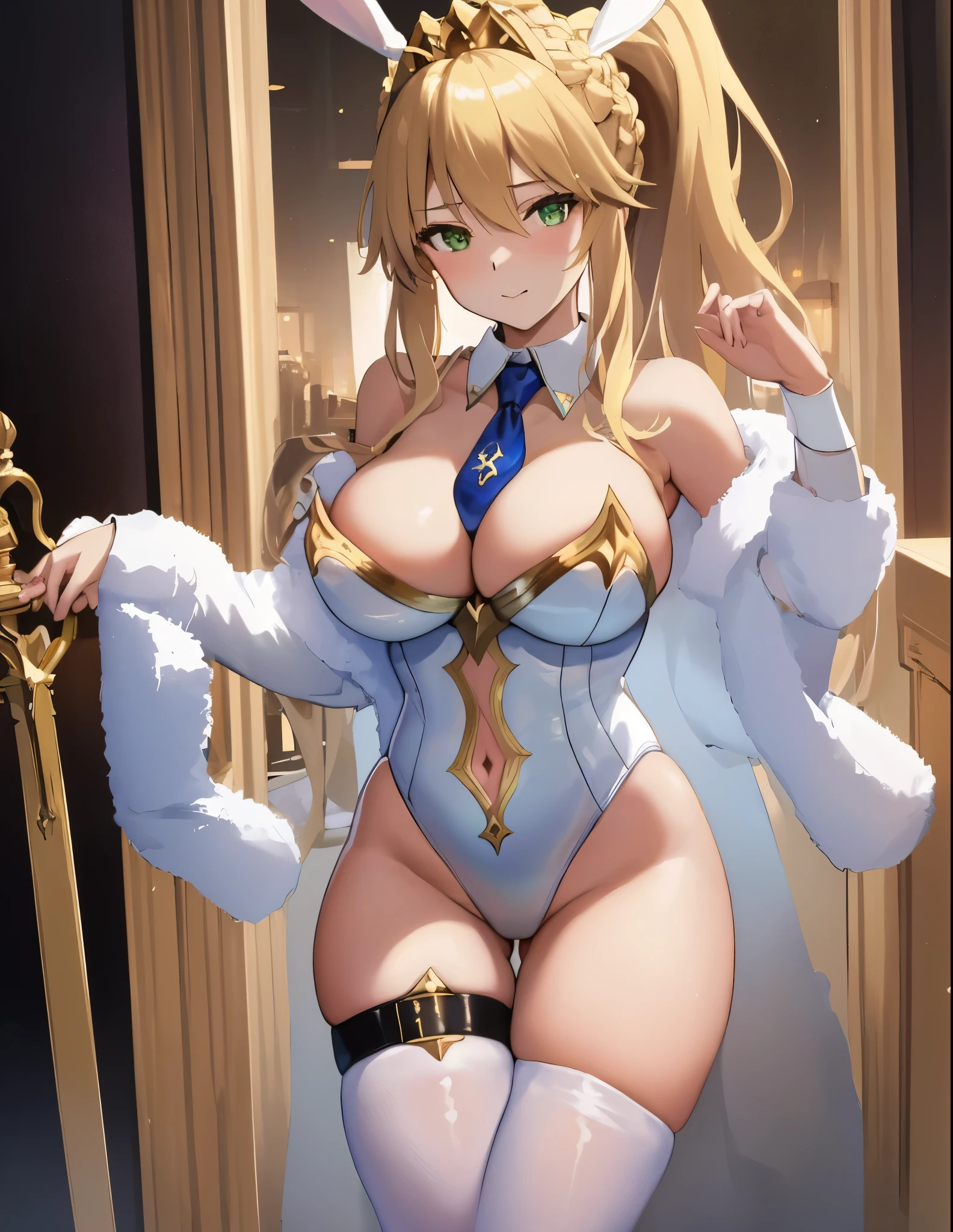 masterpiece, best quality, absurdres, soft lighting, looking at viewer, (light_smile:0.6),
1girl, ahoge, rabbit ears, playboy bunny, artoria pendragon \(swimsuit ruler\) \(fate\), large breasts , blonde hair, green eyes, french braid, pony tail
bare shoulders, large breasts , cleavage,
clothing cut out, wrist cuffs, detached collar, navel cutout, feather boa,
white leotard, blue necktie, blue pantyhose, single thigh strap, hands behind head,
white background,