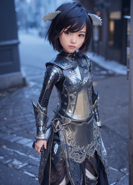 there is a woman in a costume that is standing in the street, detailed fantasy armor, photogenic details on armor, shining plate armor, shiny armor, sliver ice color reflected armor, black shiny armor, detailed armor, pale black armor, black fire color reflected armor, pale blue armor, shinning armor, armor girl, wearing shining plate armor, wearing fantasy armor