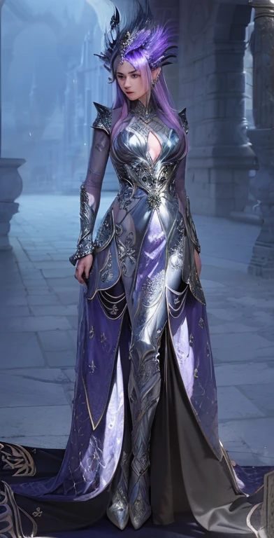 there is a woman in a silver and purple outfit standing in a courtyard, lunar themed attire, ornate flowing silvered robes, photogenic details on armor, clothes themed on a peacock mage, sliver ice color reflected armor, black fire color reflected armor, fantasy outfit, intricate armor details, intricate outfit, cloud mage robes, plated armor intricate, detailed fantasy armor