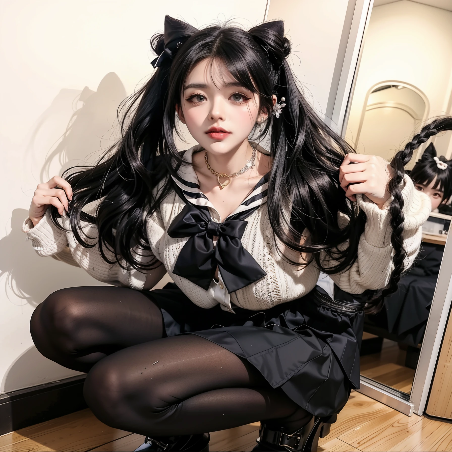 There is a woman with cat ears and a black bow, Urzan, With black braids, sakimicchan, korean girl, Brutal Korean Goth Girl, Anime Girls Cosplay, she has black hair，Have bangs, 8k)), Double ponytail hairstyle, Loose large collar sailor suit, Shikami, long hair, Kurohime cuts hair