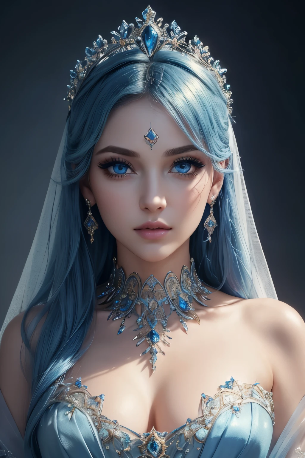 true masterpiece, a beautiful gorgeous fairy princess woman, blue hair, blue eyes, symmetrical eyes, detailed eyes, high quality eyes, perfect eyes, blue dress, perfect face, blue eyeshadow makeup on her eyes, eyeliner, very long beautiful eyelashes, blue necklacke, blue tiara on her head, high quality face, gentle face, realistic, photorealistic, shiny skin, (masterpiece:1.5), concept art, intricate details, highly detailed, octane render, 8k, unreal engine, dynamic pose, best quality, highres, pale skin, beautiful makeup, stunning beauty, very long eyelashes, 32k, high dynamic range, ultra realistic, highly detailed, high definition, extraordinary, stunning, beautiful, serene, normal proportions, perfect anatomy, realistic face, realistic eyes, highly detailed face, highly detailed body, high details, intricate clothing, glowing shadows, beautiful gradient, depth of field, clean image, extremely detailed face, highly detailed background, perfection, dreamy, gentle face, flowing, bright, bright background, sparkles in background, rays of light, plump lips, dazzling eyes, foreground, top of her dress is visible