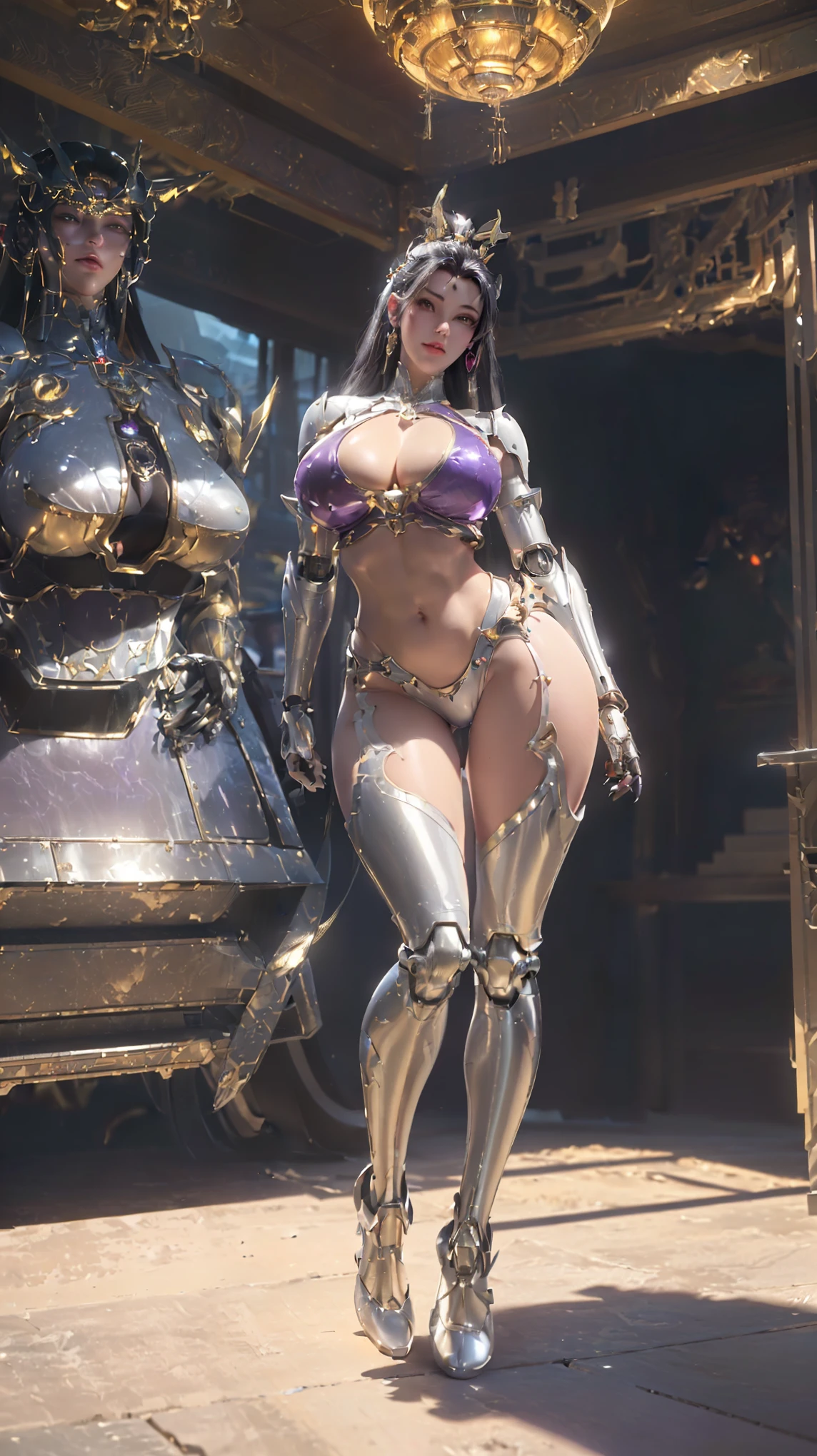 TIFA LOCKHART FINAL FANTASY 7 REMAKE, UPPER BODY,CLOSE UP HALF BODY,SOLO,(BEAUTY BLACK HAIR,GOLDEN DRAGON HORN:1.3), (NSFW,HUGE OPPAI,CLEAVAGE TOP,MUSCLE ABS:1.5), ((WEARING OUTFIT PURPLE,WHITE SHINY MODERN MECHA FUTURISTIC SKIMPY BIKINI ARMOR,ROBOT MECHA SEXY ARMOR:1.5)),(CURVY VOLUPTUOUS BODY MATURE WOMAN:1.5), (SWEATY GLOSSY BODYSKIN:1.5), (LOOKING AT VIEWER:1.6),(HALLROOM OF FUTURISTIC SPACE STATION:1), (PHOTOREALSITIC:1.4), (ULTRA-DETAILLIERT), (TOP-QUALITY), (BEST SHADOWS), (MASTERPIECE), BRIGHT LIGHT IN ROOM, HYPER TEXTURE, (4X MSAA), ((UNREAL ENGINE 5 RENDER)), PHYSICALLY-BASED RENDERING, ULTRA HIGHT DEFINITION, 16K, 1080P.