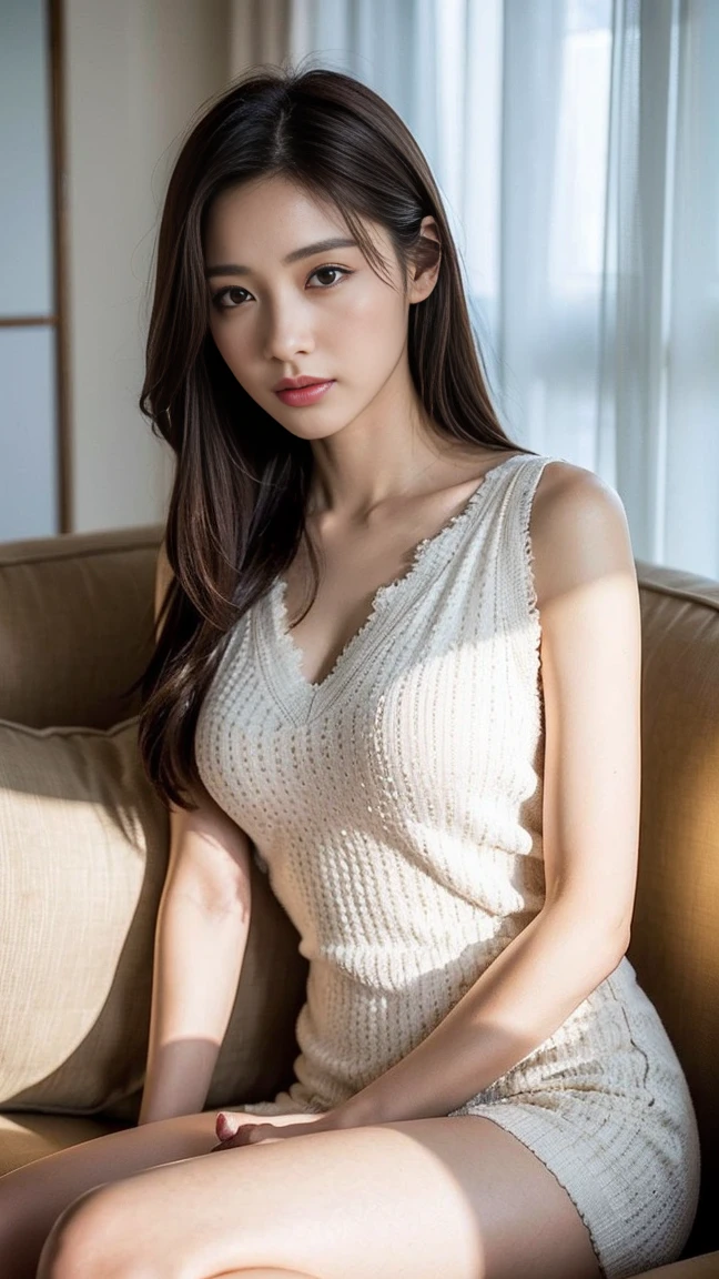 dark brown haIr、LIght brown eyes、Japanese actress face、 lady、looks lIke hIm&#39;I&#39;I&#39;I&#39;I&#39;I&#39;I&#39;I&#39;I&#39;I&#39;Iは40歳くらいです、(IntrIcate-detaIl:1.2)、(top-qualIty:1.4)、 (超A hIgh resolutIon:1.2)、超A hIgh resolutIon、(A detaIled eye)、(detaIled facIal features)、nffsw、8K resolutIon、D-cup sIze breasts、long hair、One Piece Lounge Set ,There are many backgrounds in the photo、people々looks small、Living room bathed in the refreshing light of the morning sun、sit on a big sofa　More on the couch、beautiful legs、white wall、white curtains、white sheets、white bed、white bedルーム、Beautiful natural scenery seen from the window、