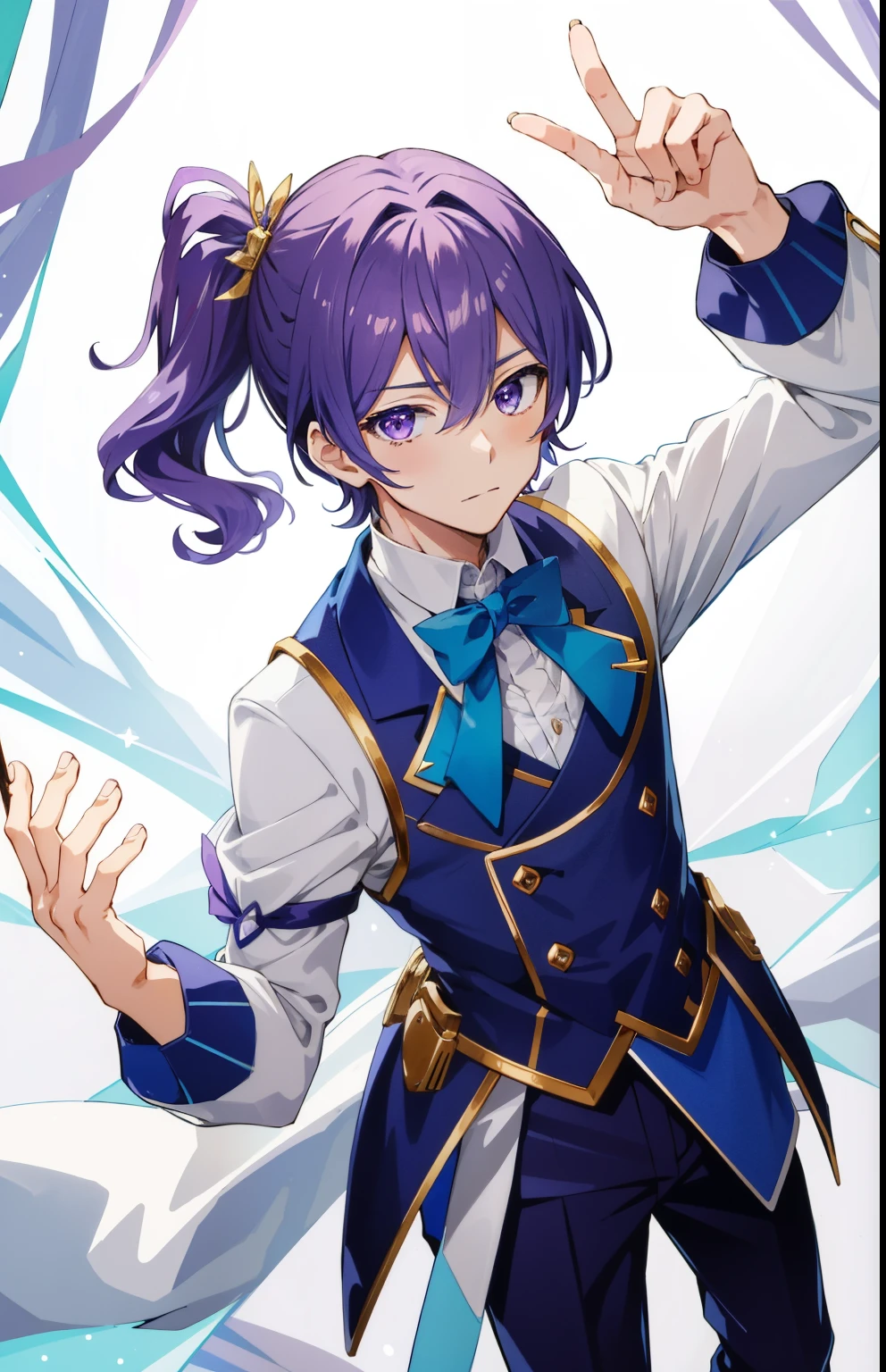 白と紫のドレスを着たanime boyが写真のポーズをとる, boy with very short purple hair, Magical Boyの肖像, he has light purple hair, Prince of Amethyst, official character art, Magical Boy, Magical Boyのスタイル, High resolution, solo, きらめくMagical Boy, short ponytail, official art, wall paper!, with glowing purple eyes, !!full body portrait!!, anime boy