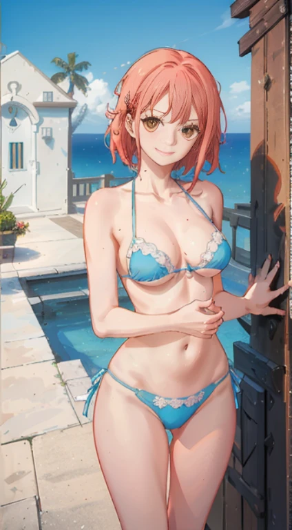 long legs,thin waist,Big breasts,oval face,Small Eyes,Bangs,Smile,short hair,bikini,white bra,pink,black sock