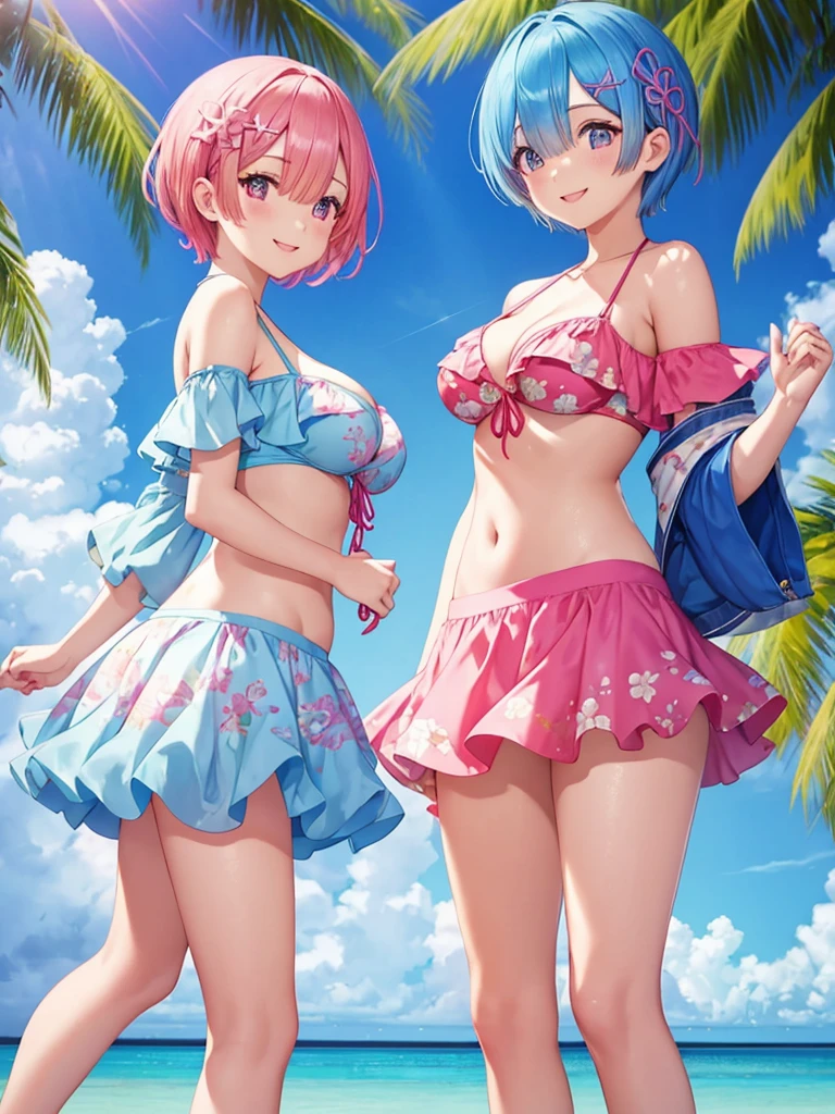 Re:zero,2 girls,(one girl:Rem,blue hair, short hair),(other girls:rum,pink hair, short hair) ,Big breasts stand on a tropical beach in the Maldives。Sparkling, colorful, Floral, (She is wearing an off-shoulder bikini and a flared short skirt.), smile at the viewer, floating hair, bangs, looking at the viewer, cute face, masterpiece, highest quality, 8k wallpaper, High resolution, (scenery), perfect anatomy,cute,smile,