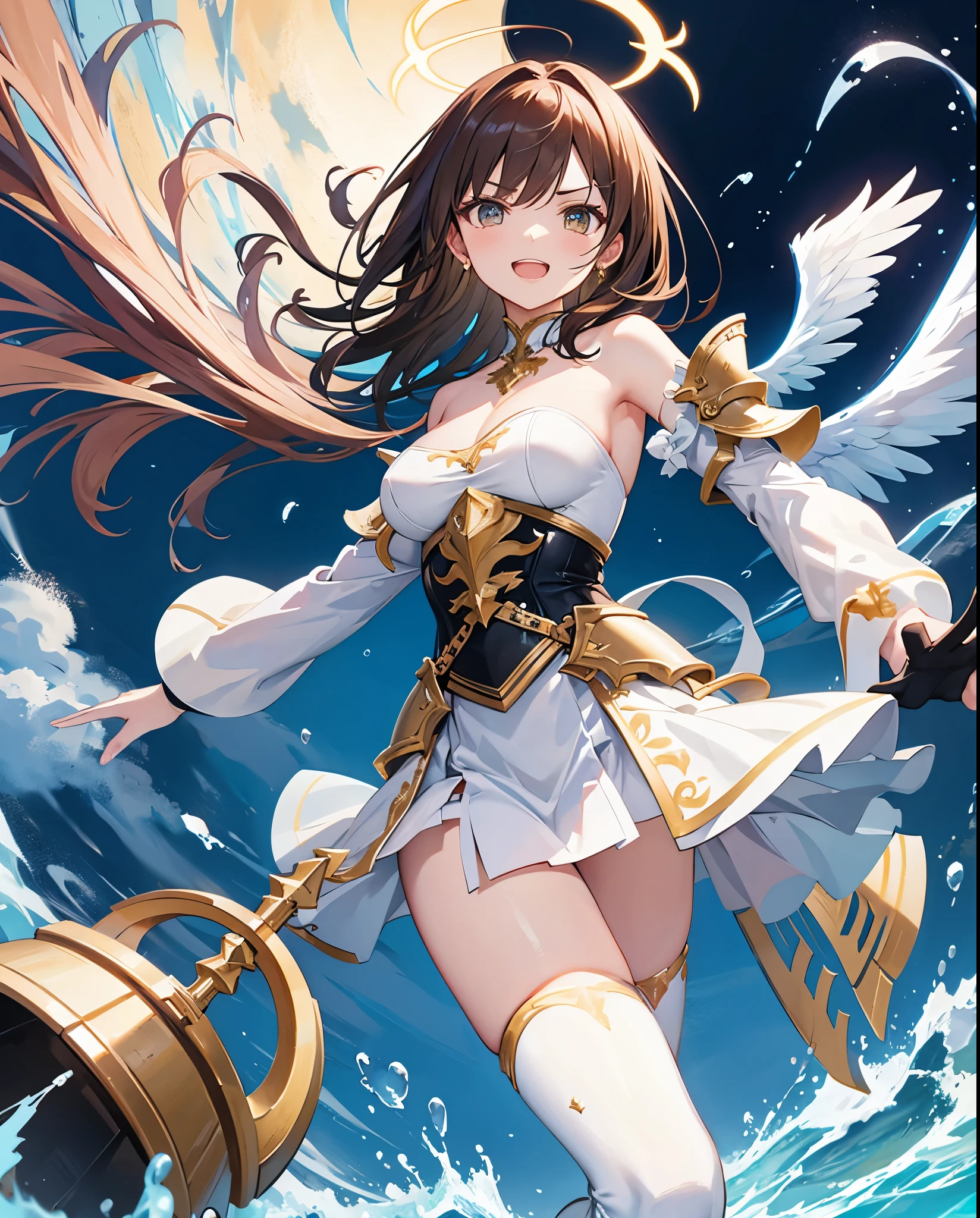 fantasy, 1angel_girl,, ,brown_hair, medium_bob_hair, long_bangs, halo,bare_shoulder,thighhighs,silver_armor, waist_armor, large_breasts,angry,grinning,open_mouth_teeth, 1pair_wings, dynamic_pose_fighting,floating, bare_crotch, headgear,gauntlet, greaves,ocean_sky_background,slightly_spread_legs, solo, groin_naked,