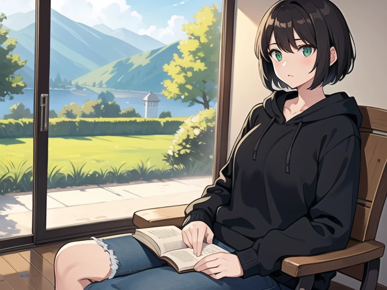 Masterpiece, best quality, 1 girl, brown short cut hair, green eyes, wear black hoodie and farmer jeans, in the room, Sitting on a chair in a table, study from a book, sunny day