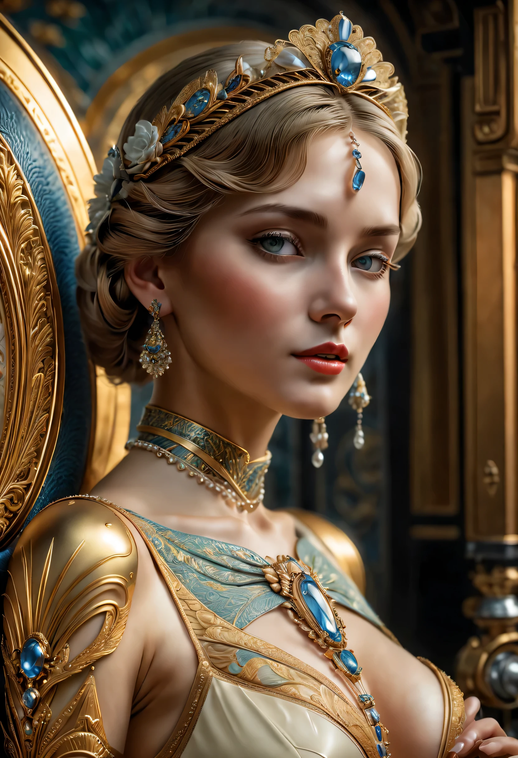art by mooncryptowow, In the opulent style of Art Deco, a beautiful French queen is depicted in a stunning portrayal that captures the elegance and sophistication of the era, Adorned in luxurious attire and exuding regal poise, she embodies the epitome of Art Deco glamour and refinement, intricate high detail, (vibrant, photo realistic, realistic, sharp focus) ((film grain, skin details, high detailed skin texture, 8k hdr, dslr)), (intricate background, sharp linues, industrial:1.3), imperial