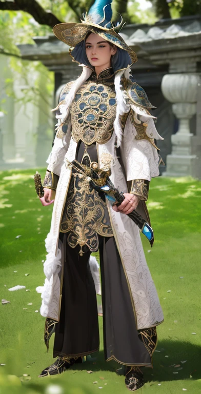 a close up of a person in a costume holding a sword, full body shot hyperdetailed, very detailed and rich clothing, cloud mage robes, clothes themed on a peacock mage, cotton cloud mage robes, intricate outfit, from ncsoft, ornate attire, well - detailed outfit, full body detailed, highly detailed full body, close up high detailed