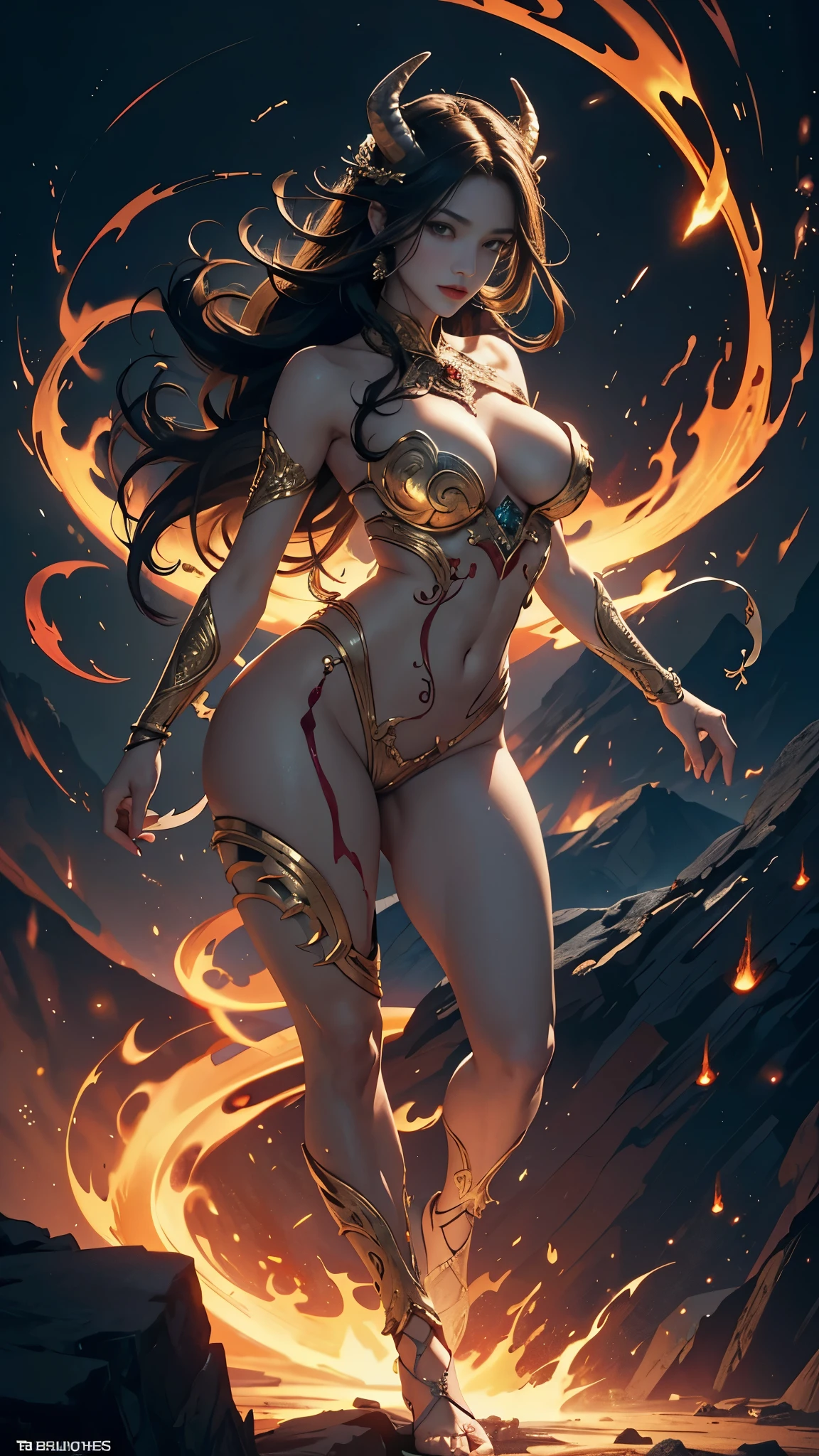 (masterpiece,top quality,best quality,official art,Beautiful and beautiful:1.cene depicting Goddess of War in hell with horned red burning demon,She is a great giant,she is a lovely princess,she is a strong warrior,flame,lightning in sky,magma,At the foot of the mountain,mountains in the distance,(theelementoffire:1.4),现实的flame,Highly realistic,correct anatomy,full-body shot,convex,cute big lent house,,Plum,longing unsatisfied,only genitalia, camel toe,Sexy Sex huge bsts cleavage, yfoot,Sexre,fist ,(Zentangle,mandalangled,entangled)(Hairy and fleshy,only ,),married woman,熟妇,delicate face,美丽delicate eyes,correct anatomyetailed face, delicate eyes,Divine light,gold foil,gold foil艺术,Deep background,absurd,marvelous and unbelievable,epic work,(intricate details,Ultra-detailed:1.2),Super real photos, epic reality, ((neutral col,(pastel colors:1.2), surreal, + lens + dynamic composition, Extremely detailed, sharpen, Normal, warm light, Light effect, dramatic light, (intricate details:1.1), complex background, (greg rutkovsky:0.8), (black and red:0.4),