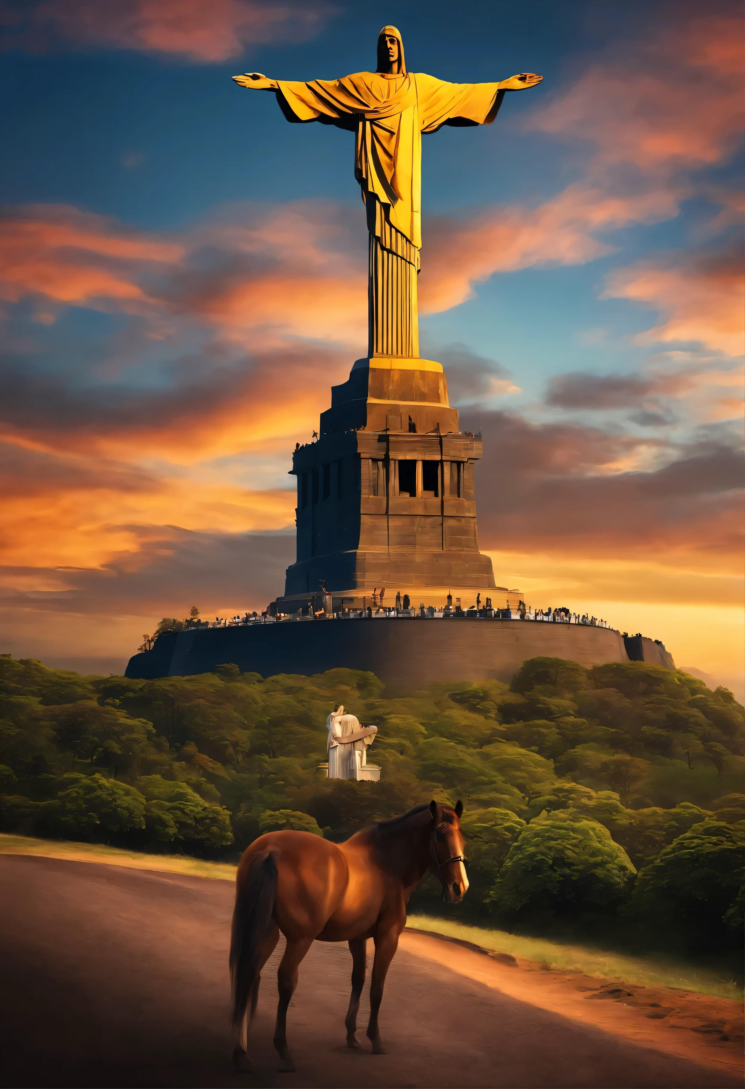 obra-prima de arte, Design de camiseta, um cavaleiro andando a cavalo na frente do cristo redentor, apavorante, Ultra-HD, 4k, imagem vetorial, Imagem centralizada.