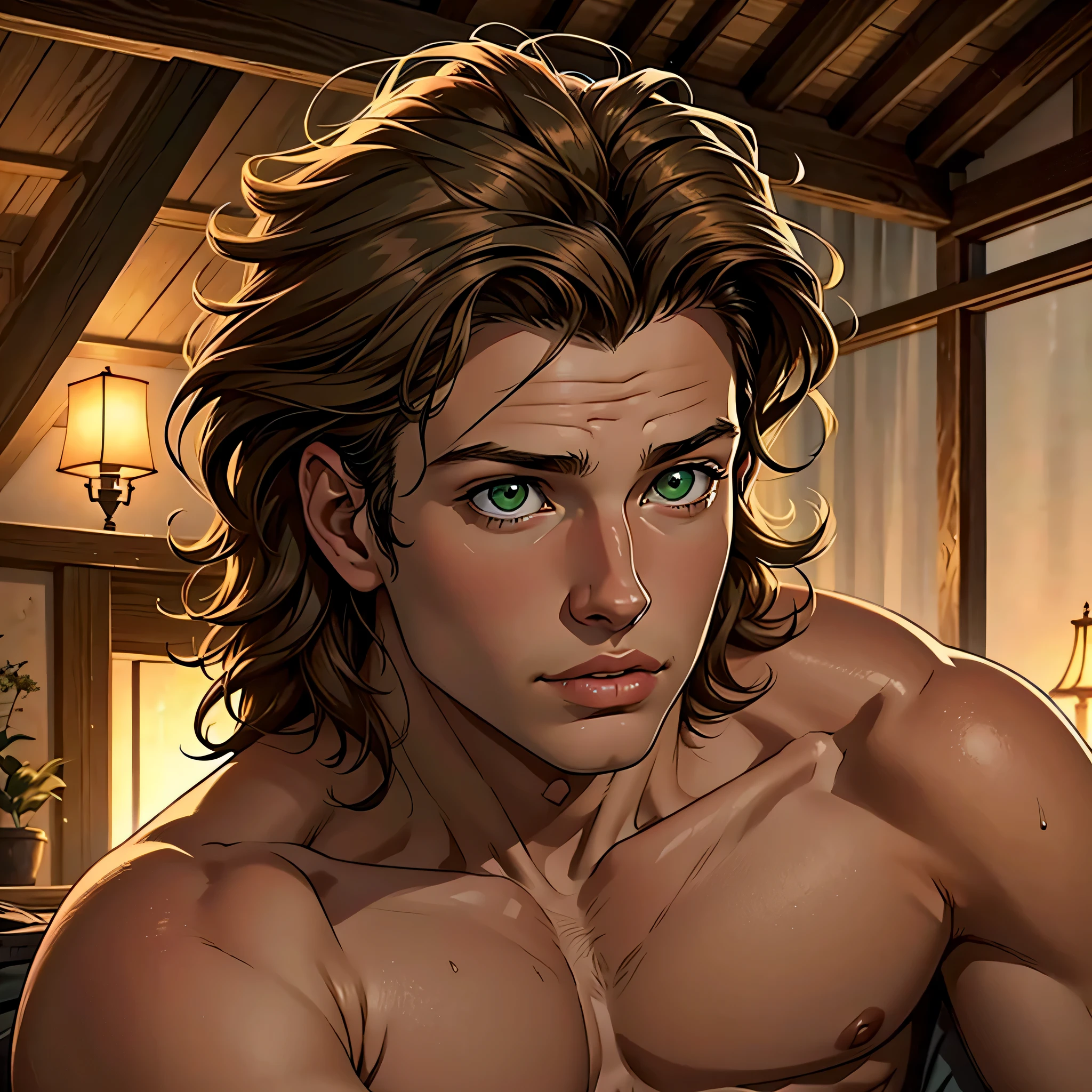 (melhor qualidade, realista, macho), 15 anos, (1 menino), olhos detalhados, Detailed lips, cabelo castanho, Messy hair, olhos verdes, sem camisa, ambiente aconchegante, soft lighting, ambiente calmo, macho