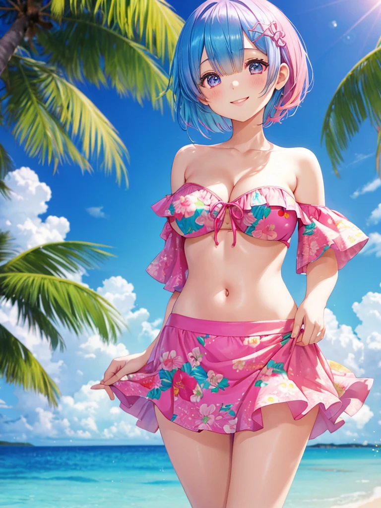 Re:zero,2 girls,(one girl:Rem,blue hair, short hair),(other girls:rum,pink hair, short hair) ,Big breasts stand on a tropical beach in the Maldives。Sparkling, colorful, Floral, (She is wearing an off-shoulder bikini and a flared short skirt.), smile at the viewer, floating hair, bangs, looking at the viewer, cute face, masterpiece, highest quality, 8k wallpaper, High resolution, (scenery), perfect anatomy,cute,smile,