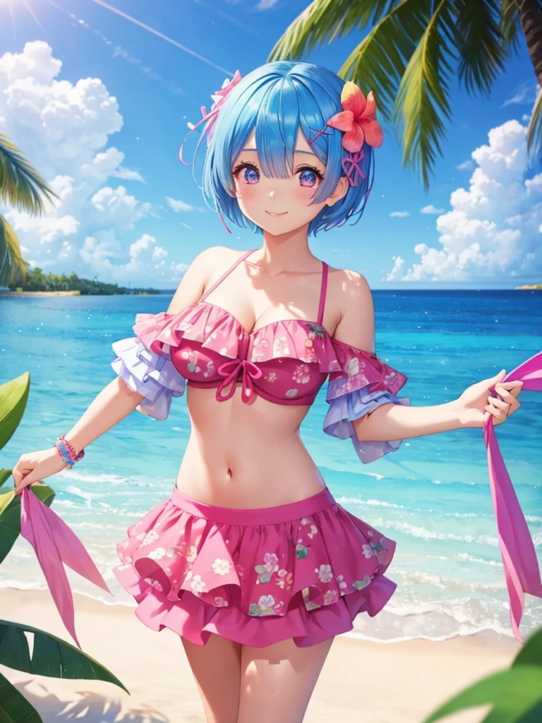 Re:zero,2 girls,(one girl:Rem,blue hair, short hair),(other girls:rum,pink hair, short hair) ,Big breasts stand on a tropical beach in the Maldives。Sparkling, colorful, Floral, (She is wearing an off-shoulder bikini and a flared short skirt.), smile at the viewer, floating hair, bangs, looking at the viewer, cute face, masterpiece, highest quality, 8k wallpaper, High resolution, (scenery), perfect anatomy,cute,smile,