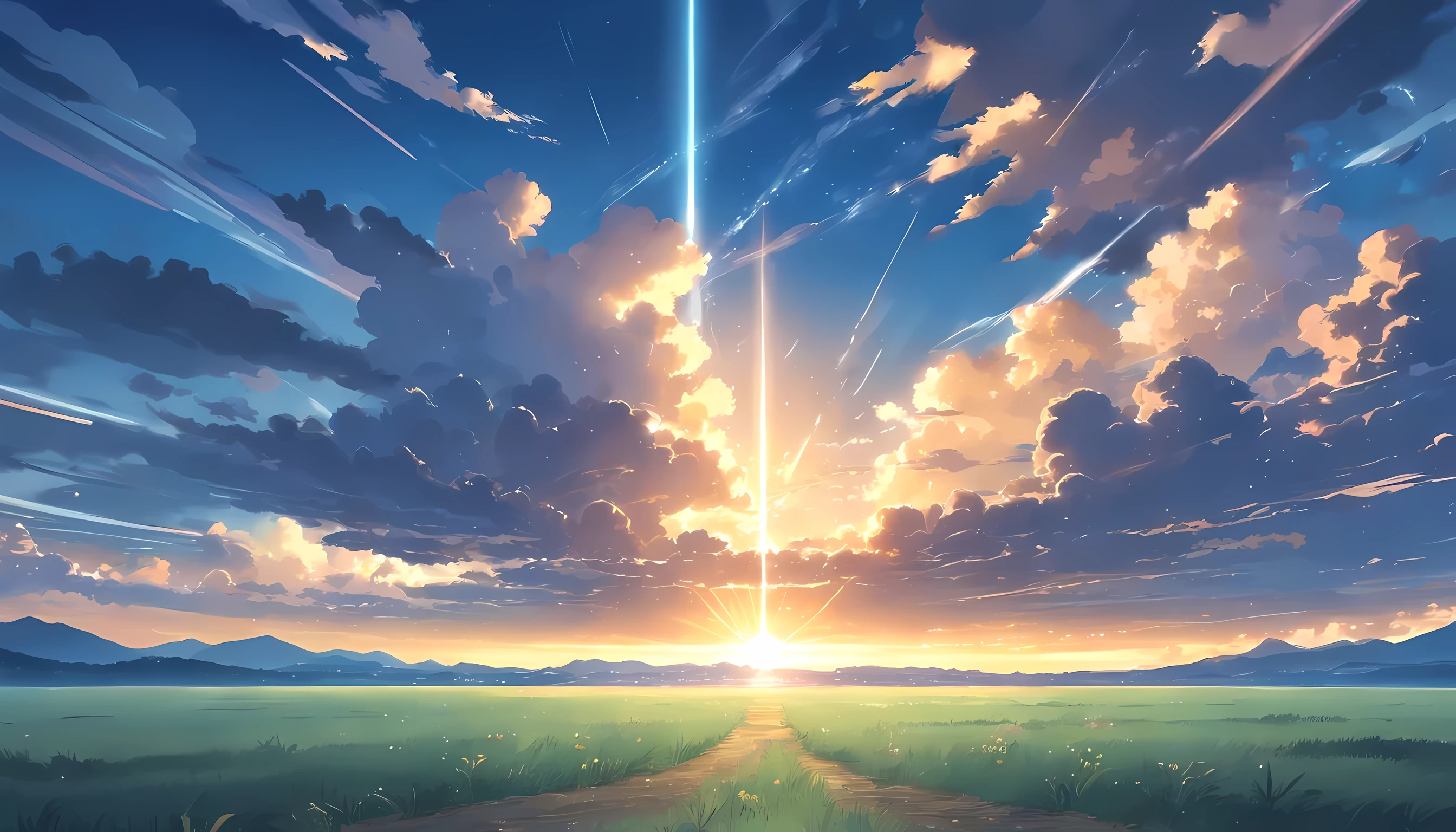 High quality, High resolution, Extreme Detail, No person, grey sky, feeling of despair, Enchanting sunset scene mesmerized by the rays of the sun and the golden rays of the majestic clouds, Create a vibrant color palette that inspires awe, masutepiece, Turning from sunset to darkness at night, posterior view, dystopian, The Crumbling Ground, with backdrop of god rays, sky in a background, with dramatic sky, End of the world, Miraculous cloudy background, Night sky on background, meteorite, Glowing clouds in the background, Some sun rays, Light and clouds, sky in a background, Clouds in the background, landscape