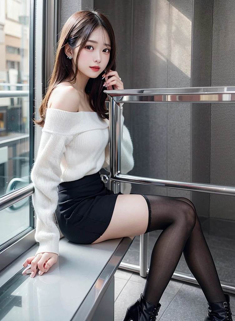 (8K, RAW photo:1.2)detailed face and eyes,highest quality, ultra high resolution, very detailed ,intricate details ,pieces fly ,pretty girl, soft light like a movie, hyper detail,sharp focus on breasts, （beautiful black hair）, （long hair）, （white knit off shoulder）、｟mini skirt｠、（sitting）（black long boots）（2 legs）（slightly open legs）