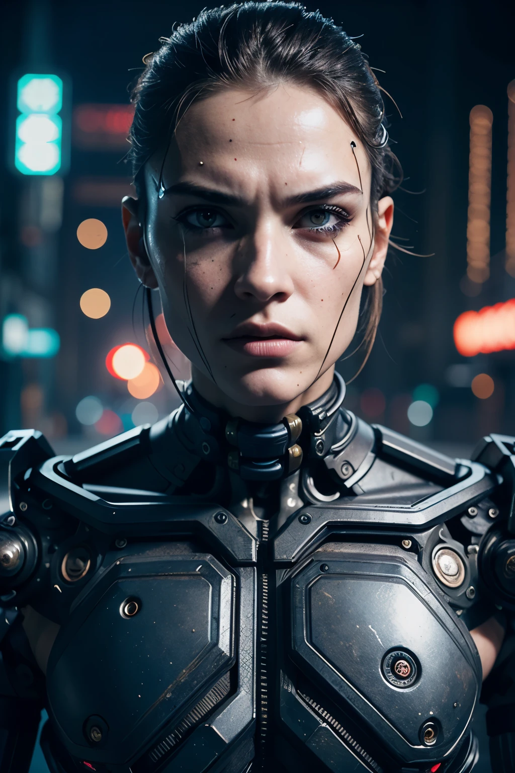 Cyberpunk photo, middle-aged man, cyborg, facial implants, muscular body, mechanical body, mechanical arms, mechanical skeleton, rusty armor, neon background, dark background, eye contact, looking at viewer, masterpiece, best quality, perfect detail  , perfect face detail, perfect eye detail, perfect skin detail, depth of field, perfect lighting