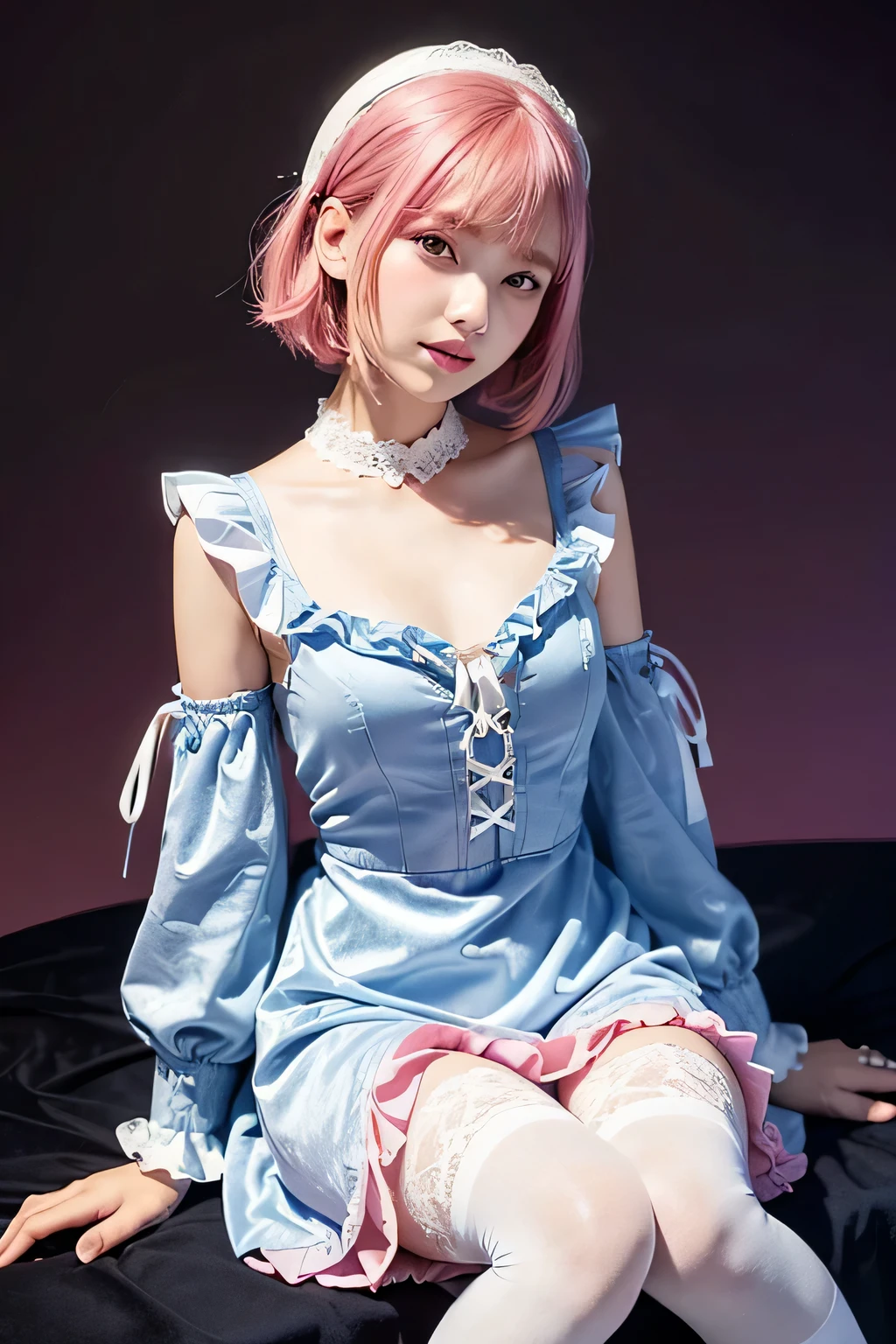RAW photo, highest quality, masterpiece
break
(whole body:1.2),(bright pink_background:1.5), (1 girl, japanese girl,looking for_in_viewer,thin,slim_waist:1.2),(dull_bangs,bob cut hair,Big eyes,beautiful_face:1.2),black hair, brown eyes,
break
(hair accessory,race,frills:1.4), (Velvet dress,light blue dress,frills dress,race-up,mini skirt:1.4), (A long-sleeved top,white_Blouse with collar:1.4), (white knee-socks:1.4),Happy_笑face,