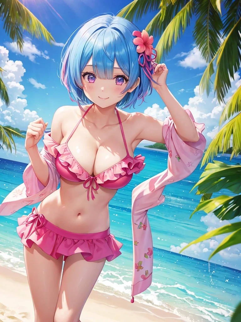 Re:zero,2 girls,(one girl:Rem,blue hair, short hair),(other girls:rum,pink hair, short hair) ,Big breasts stand on a tropical beach in the Maldives。Sparkling, colorful, Floral, (She is wearing an off-shoulder bikini and a flared short skirt.), smile at the viewer, floating hair, bangs, looking at the viewer, cute face, masterpiece, highest quality, 8k wallpaper, High resolution, (scenery), perfect anatomy,cute,smile,