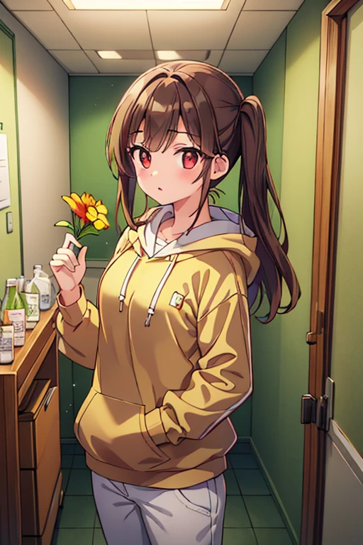 About 16 ~ 19 year old girl，red eyes，brown hair，white skin，Wear a green hoodie，I carry a few bottles of reagents in my pocket，Brown pants，Holding a golden flower in hand，There is a blush，Two-dimensional style，Standing in the laboratory corridor，The expression is gloomy。