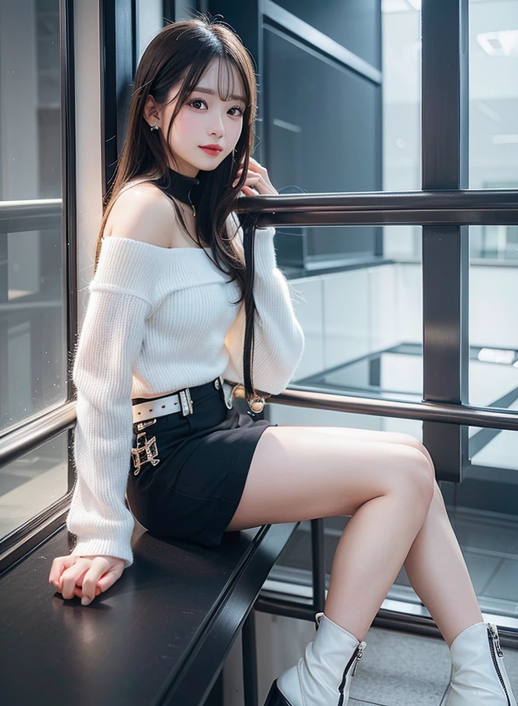 (8K, RAW photo:1.2)detailed face and eyes,highest quality, ultra high resolution, very detailed ,intricate details ,pieces fly ,pretty girl, soft light like a movie, hyper detail,sharp focus on breasts, (beautiful black hair), (long hair), (white knit off shoulder)、⦅mini skirt⦆、(sitting)(black long boots)(two arms and two legs)(slightly open legs)