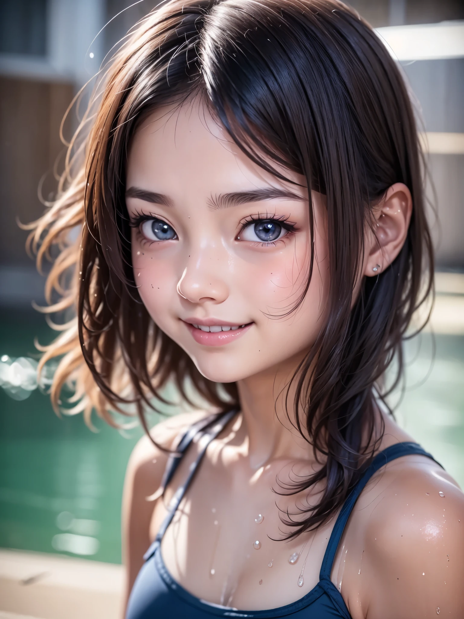 master piece、highest quality、highest level、Highest image quality、muste piece、intricate details、high resolution、depth field、Natural light、professional lighting、(1girl)、(cute:1.3)、Very beautiful 15 year old cartoon girl、wonderful smile、cheeks are red、(high detail skin: 1.2)、Photorealistic anime girl rendering、Realistic anime 3D style、long hair、beautiful brown hair、intense black eyes、strong eye highlights、()、perfect 、messy hair、old style school swimwear、navy blue school swimsuit、((wet with water))、((from the front))、Showing off her school swimsuit、((Concrete background))、