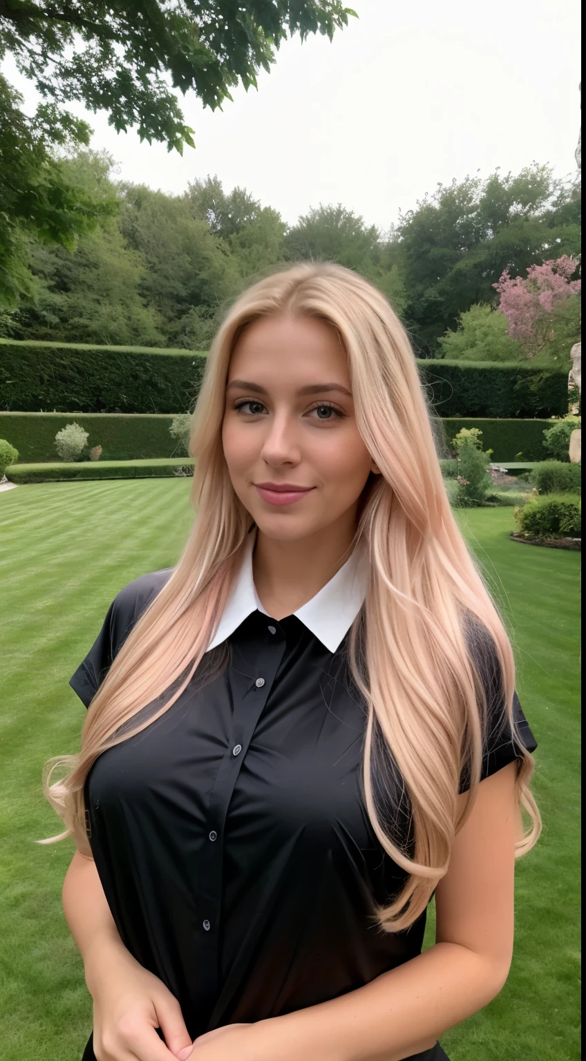 23 year old blonde., ((big breasts)), ((Hyperrealism)) ,. pink hair with light brown roots. blond hair, Hair with brown roots, long hair, очень long hair, очень long hair, Beautiful, foreground, selfie, Photo taken on iPhone, elegant black shirt with ascot, Space, selfie in the garden, High quality, selfie iPhone, split