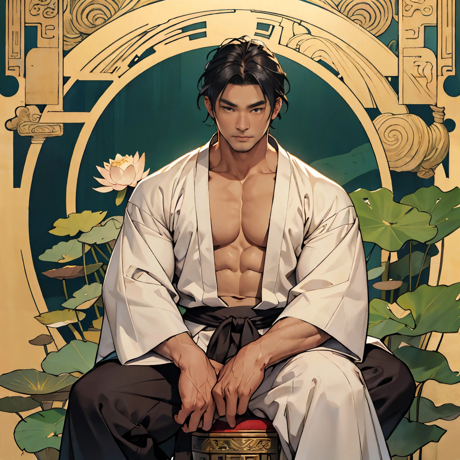 In the lotus pond，A bare-chested man with dark skin and loose black hair is leaning on a stone