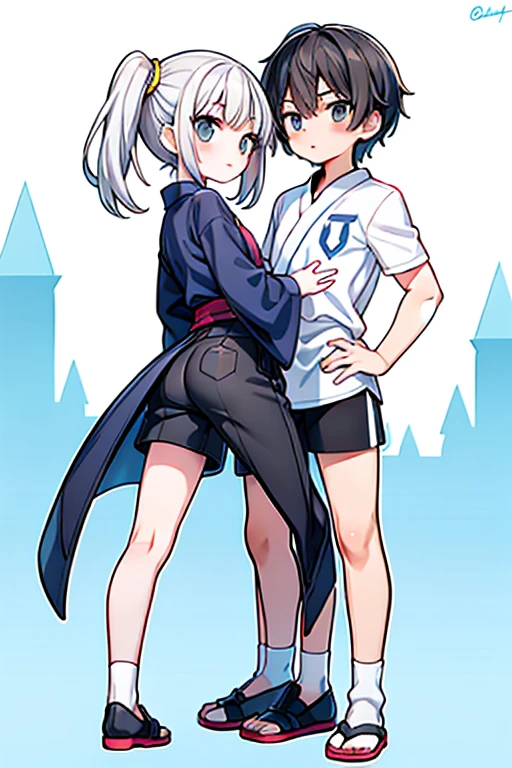 single sports student，juvenile，18-year-old Japanese cartoon characters，white socks，boys，White three-quarter shorts，tight black spanking，muscle，white shorts，handsome，standing posture，Best quality for gray hair，Picture drawing of character whole body