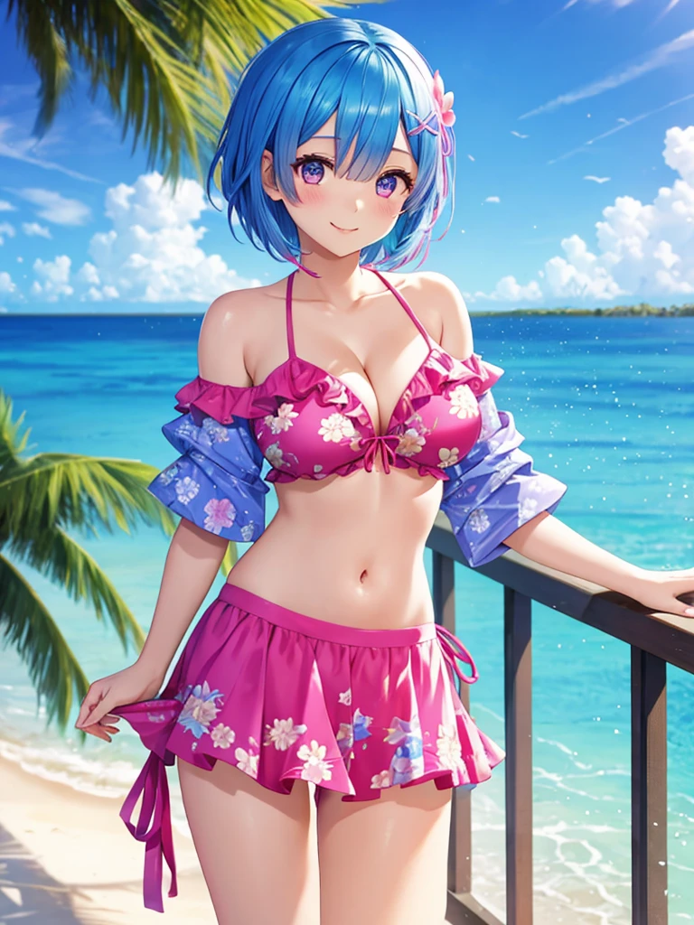 Re:zero,2 girls,(one girl:Rem,blue hair, short hair),(other girls:rum,pink hair, short hair) , stand on a tropical beach in the Maldives。Sparkling, colorful, Floral, (She is wearing an off-shoulder bikini and a flared short skirt.), smile at the viewer, floating hair, bangs, looking at the viewer, cute face, masterpiece, highest quality, 8k wallpaper, High resolution, (scenery), perfect anatomy,cute,smile,
