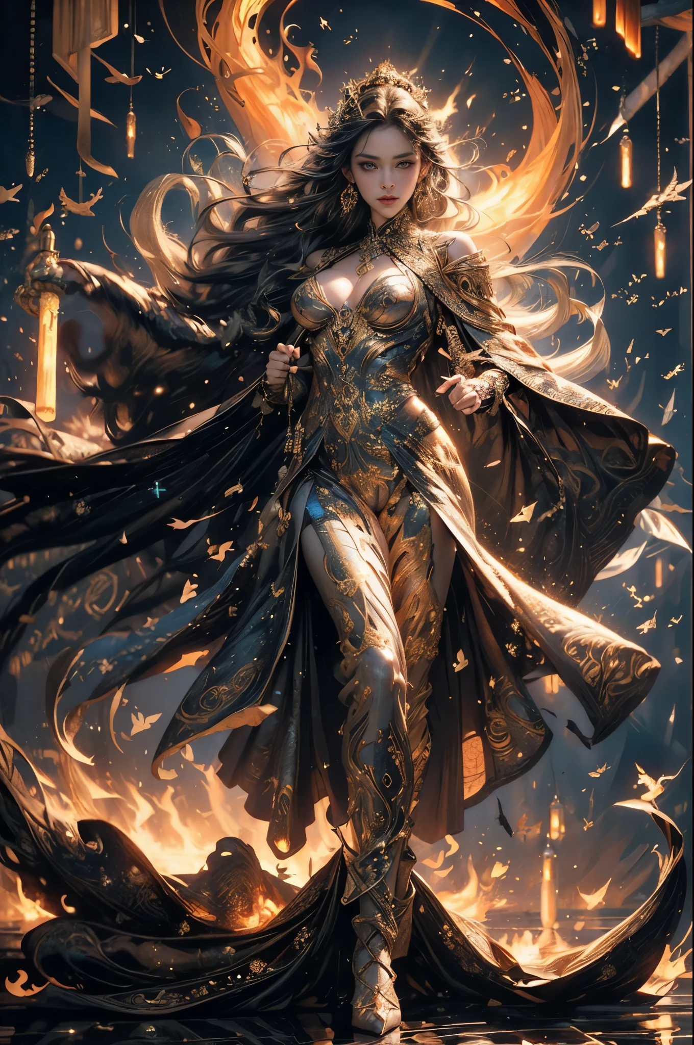 (masterpiece, (human development report:1.5), Beautiful and beautiful:1.2),Depicting the goddess of war，She is a great giant，she is a lovely princess，Also a powerful warrior，flame，lightning in sky，mountaintop foothills，mountains in the distance，(theelementoffire:1.4)，现实的flame，由theelementoffire组成，Highly realistic，correct anatomy，full-body shot，convex，cute big breasts，violent house，，Plum，longing unsatisfied，only genitalia， camel toe，Sexy gesture，，Sex huge breasts cleavage， onlyfoot，Sexy gesture，（wear：Transparent fireproof armor，only ，）1 female，30 years old，married woman，熟妇， solo，美丽delicate eyes，（Zentangle，mandala，tangled，entangled），Divine light，gold foil，gold foil艺术，Deep background，marvelous and unbelievable，epic work，(intricate details，Ultra-detailed:1.2)，Super real photos, scary, epic reality, faded, ((neutral color)),(pastel colors:1.2), Detailed face, delicate eyes，surreal, + lens + dynamic composition, Extremely detailed, sharpen, Normal, warm light, Light effect, dramatic light, (intricate details:1.1), complex background, (greg rutkovsky:0.8),