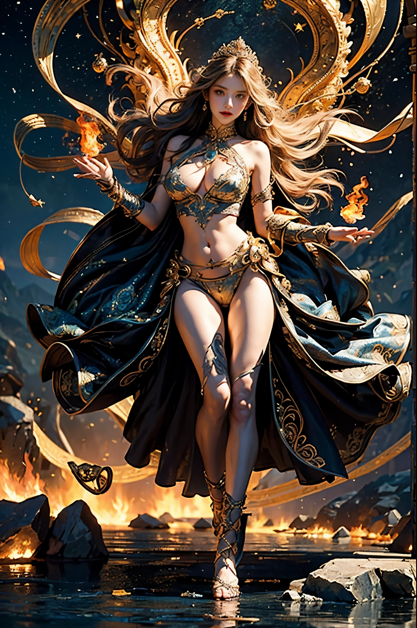 (masterpiece, (human development report:1.5), Beautiful and beautiful:1.2),Depicting the goddess of war，She is a great giant，she is a lovely princess，Also a powerful warrior，flame，lightning in sky，mountaintop foothills，mountains in the distance，(theelementoffire:1.4)，现实的flame，由theelementoffire组成，Highly realistic，correct anatomy，full-body shot，convex，cute big breasts，violent house，，Plum，longing unsatisfied，only genitalia， camel toe，Sexy gesture，，Sex huge breasts cleavage， onlyfoot，Sexy gesture，（wear：Transparent fireproof armor，only ，）1 female，30 years old，married woman，熟妇， solo，美丽delicate eyes，（Zentangle，mandala，tangled，entangled），Divine light，gold foil，gold foil艺术，Deep background，marvelous and unbelievable，epic work，(intricate details，Ultra-detailed:1.2)，Super real photos, scary, epic reality, faded, ((neutral color)),(pastel colors:1.2), Detailed face, delicate eyes，surreal, + lens + dynamic composition, Extremely detailed, sharpen, Normal, warm light, Light effect, dramatic light, (intricate details:1.1), complex background, (greg rutkovsky:0.8),