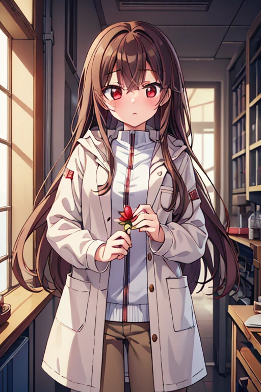 About 16 ~ 19 year old girl,red eyes,brown hair,white skin,Wear a white coat,I have a few bottles of potions in my pocket.,Brown pants,Holding a golden flower in hand,There is a blush,Two-dimensional style,Standing in the laboratory corridor,The expression is gloomy。