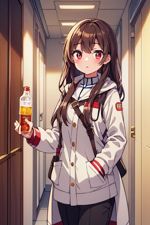 About 16 ~ 19 year old girl,red eyes,brown hair,white skin,Wear a white coat,I have a few bottles of potions in my pocket.,Brown pants,Holding a golden flower in hand,There is a blush,Two-dimensional style,Standing in the laboratory corridor,The expression is gloomy。