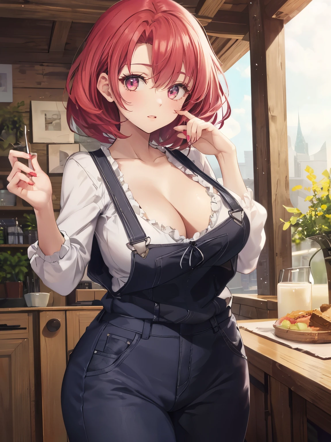 ((masterpiece)), (best quality),, official art, extremely detailed CG unity 8k wallpaper, highly detailed, shiny skin, Depth of field, vivid color,, 1girl, (curvy:1.0), (full body:0.8), girl wearing overalls, sexy , portrait sophie mudd, casual pose, gorgeous young model, cute young woman, a beautiful -aged girl, very pretty model, young , cute young girl, beautiful young girl, beautiful model, shorter red hair, light hair, shiny hair, young and cute girl, girl, Cow Girl, Cow girl from Goblin slayer anime, Goblin Slayer anime, anime, looking at me, wild pose, sexy pose