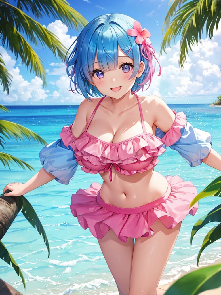 Re:zero,2 girls,(one girl:Rem,blue hair, short hair),(other girls:rum,pink hair, short hair) ,Big breasts stand on a tropical beach in the Maldives。Sparkling, colorful, Floral, (She is wearing an off-shoulder bikini and a flared short skirt.), smile at the viewer, floating hair, bangs, looking at the viewer, cute face, masterpiece, highest quality, 8k wallpaper, High resolution, (scenery), perfect anatomy,cute,smile,