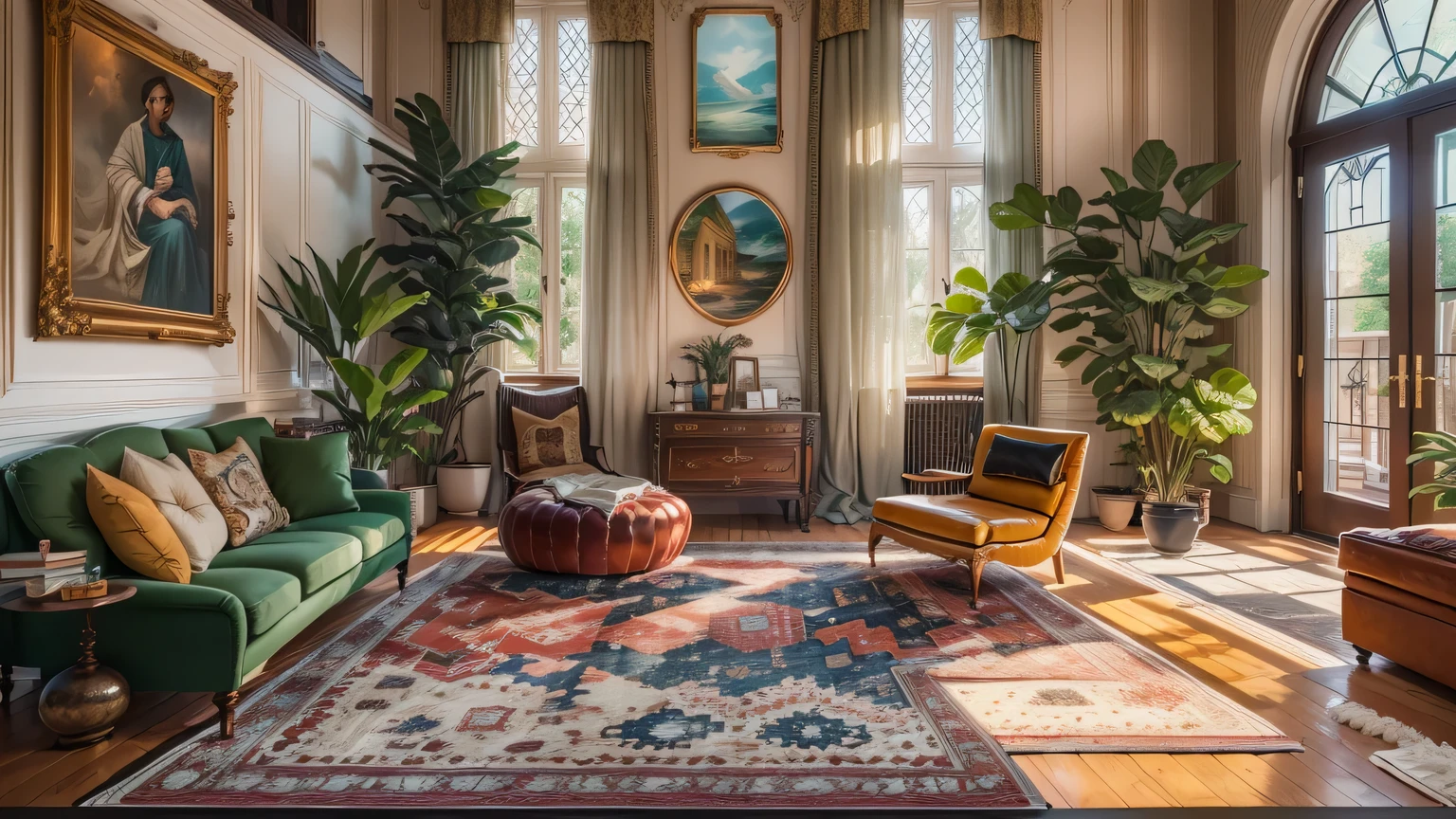 (best quality,4K,8k,high resolution,masterpiece:1.2),super detailed,(actual,photoactual,photo-actual:1.37),random,Eclecticism,Rich levels,living room,Visually stunning,style mixing,bright colors,Unique décor,eye-catching furniture,Artistic patterns,Detailed texture,Contrasting elements,Modern and antique furniture,Gorgeous chandeliers,Plush velvet sofa,Exquisite accessories,Wall of art,funny sculpture,Well-arranged bookshelves,Lush houseplants,Industrial style exposed brick wall,Sunlight pours in through the large windows,vintage persian rug,geometric floor tiles,Colorful mosaic tile backsplash,sculptural coffee table,Decorative Arts,cultural relic,grand piano,many different materials,Brass details,marble countertops,Glass vase,Polished wooden floors,Layered lighting,Cozy and warm atmosphere,warm color palette,soft natural light,subtle shading,Elegant curtains,Plush throw pillows,Cozy fireplace,Warm and sophisticated atmosphere