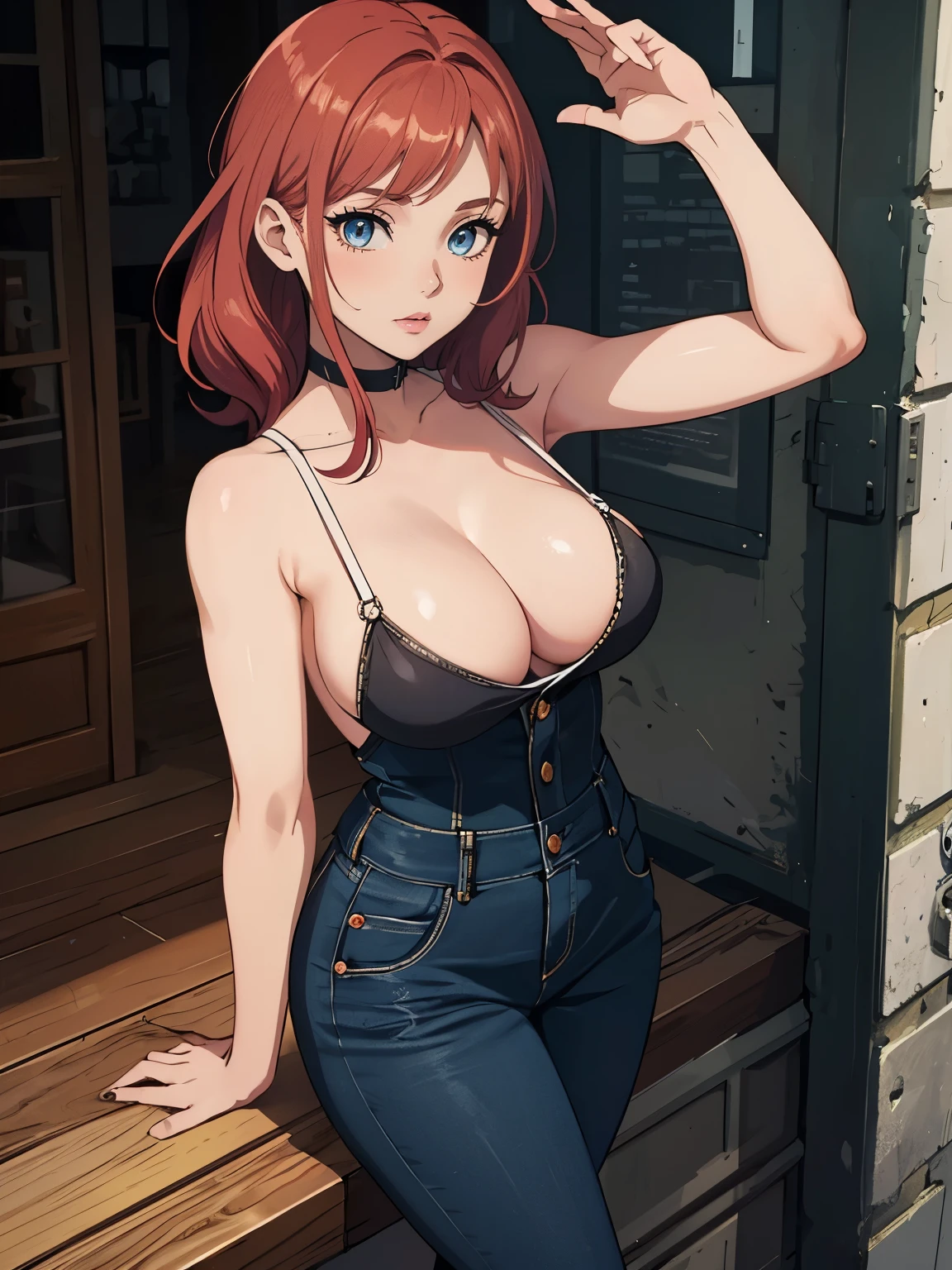 ((masterpiece)), (best quality),, official art, extremely detailed CG unity 8k wallpaper, highly detailed, shiny skin, Depth of field, vivid color,, 1girl, (curvy:1.0), (full body:0.8), girl wearing dungarees, sexy , portrait sophie mudd, casual pose, gorgeous young model, cute young woman, a beautiful -aged girl, very pretty model, young , cute young girl, beautiful young girl, beautiful model, shorter red hair, light hair, shiny hair, young and cute girl, girl, Cow Girl, Cow girl from Goblin slayer anime, Goblin Slayer anime, anime, looking at me, wild pose, sexy pose
