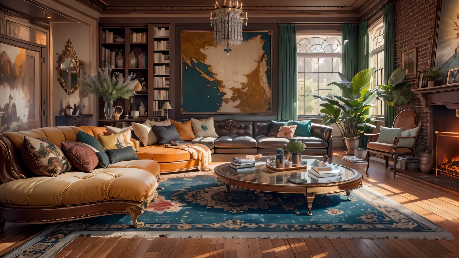 (best quality,4K,8k,high resolution,masterpiece:1.2),super detailed,(actual,photoactual,photo-actual:1.37),random,Eclecticism,Rich levels,living room,Visually stunning,style mixing,bright colors,Unique décor,eye-catching furniture,Artistic patterns,Detailed texture,Contrasting elements,Modern and antique furniture,Gorgeous chandeliers,Plush velvet sofa,Exquisite accessories,Wall of art,funny sculpture,Well-arranged bookshelves,Lush houseplants,Industrial style exposed brick wall,Sunlight pours in through the large windows,vintage persian rug,geometric floor tiles,Colorful mosaic tile backsplash,sculptural coffee table,Decorative Arts,cultural relic,grand piano,many different materials,Brass details,marble countertops,Glass vase,Polished wooden floors,Layered lighting,Cozy and warm atmosphere,warm color palette,soft natural light,subtle shading,Elegant curtains,Plush throw pillows,Cozy fireplace,Warm and sophisticated atmosphere