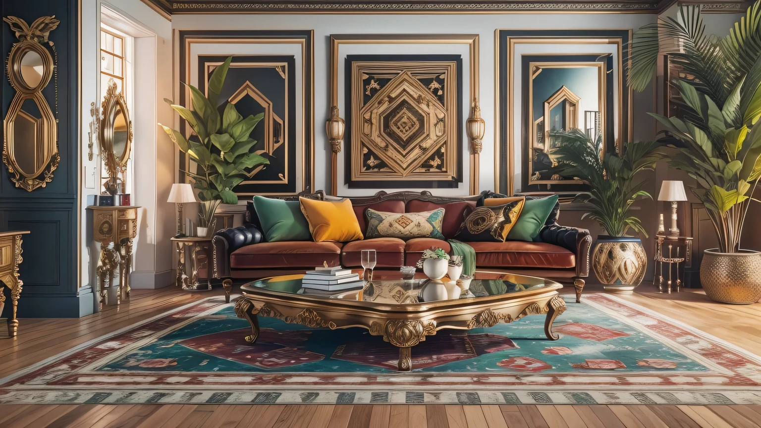 (best quality,4K,8k,high resolution,masterpiece:1.2),super detailed,(actual,photoactual,photo-actual:1.37),random,Eclecticism,Rich levels,living room,Visually stunning,style mixing,bright colors,Unique décor,eye-catching furniture,Artistic patterns,Detailed texture,Contrasting elements,Modern and antique furniture,Gorgeous chandeliers,Plush velvet sofa,Exquisite accessories,Wall of art,funny sculpture,Well-arranged bookshelves,Lush houseplants,Industrial style exposed brick wall,Sunlight pours in through the large windows,vintage persian rug,geometric floor tiles,Colorful mosaic tile backsplash,sculptural coffee table,Decorative Arts,cultural relic,grand piano,many different materials,Brass details,marble countertops,Glass vase,Polished wooden floors,Layered lighting,Cozy and warm atmosphere,warm color palette,soft natural light,subtle shading,Elegant curtains,Plush throw pillows,Cozy fireplace,Warm and sophisticated atmosphere