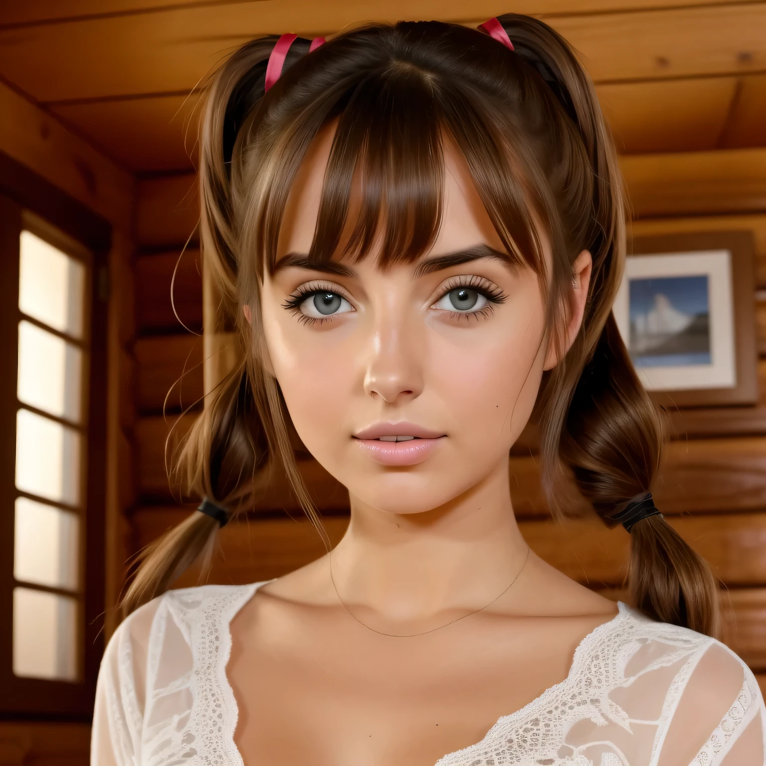 Ana de Armas, 24 years old, cute, beautiful eyes, dark brown hair, cozy, cabin, looking at viewer, serious, little tits, beautiful tits, pigtails, nightie