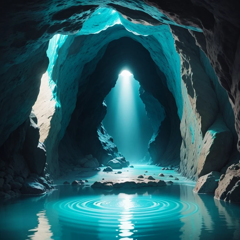 in dark cave,A stone was thrown into the turquoise pool of light,Ripples