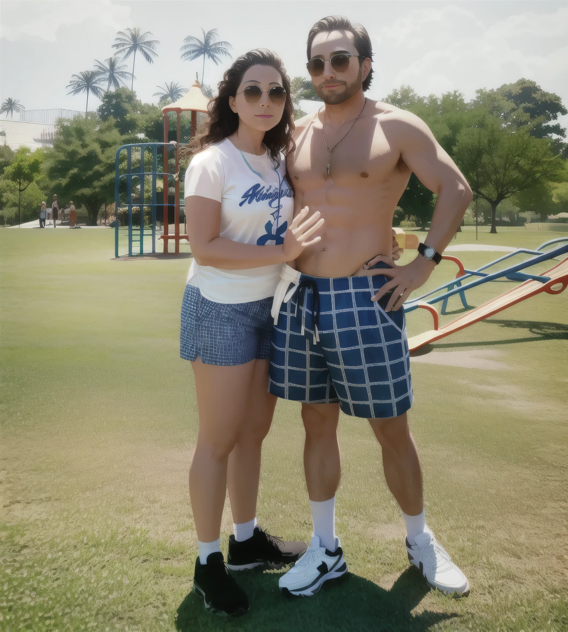 here is a white man and a white woman, standing em um parque with a playground in the background, em um parque, com um parque ao fundo, no parque em um lindo dia, estacionamento ao fundo. Vestindo shorts, wears a tank top and shorts Clear photo, alta qualidade, high resolution, obra de arte, 8k.