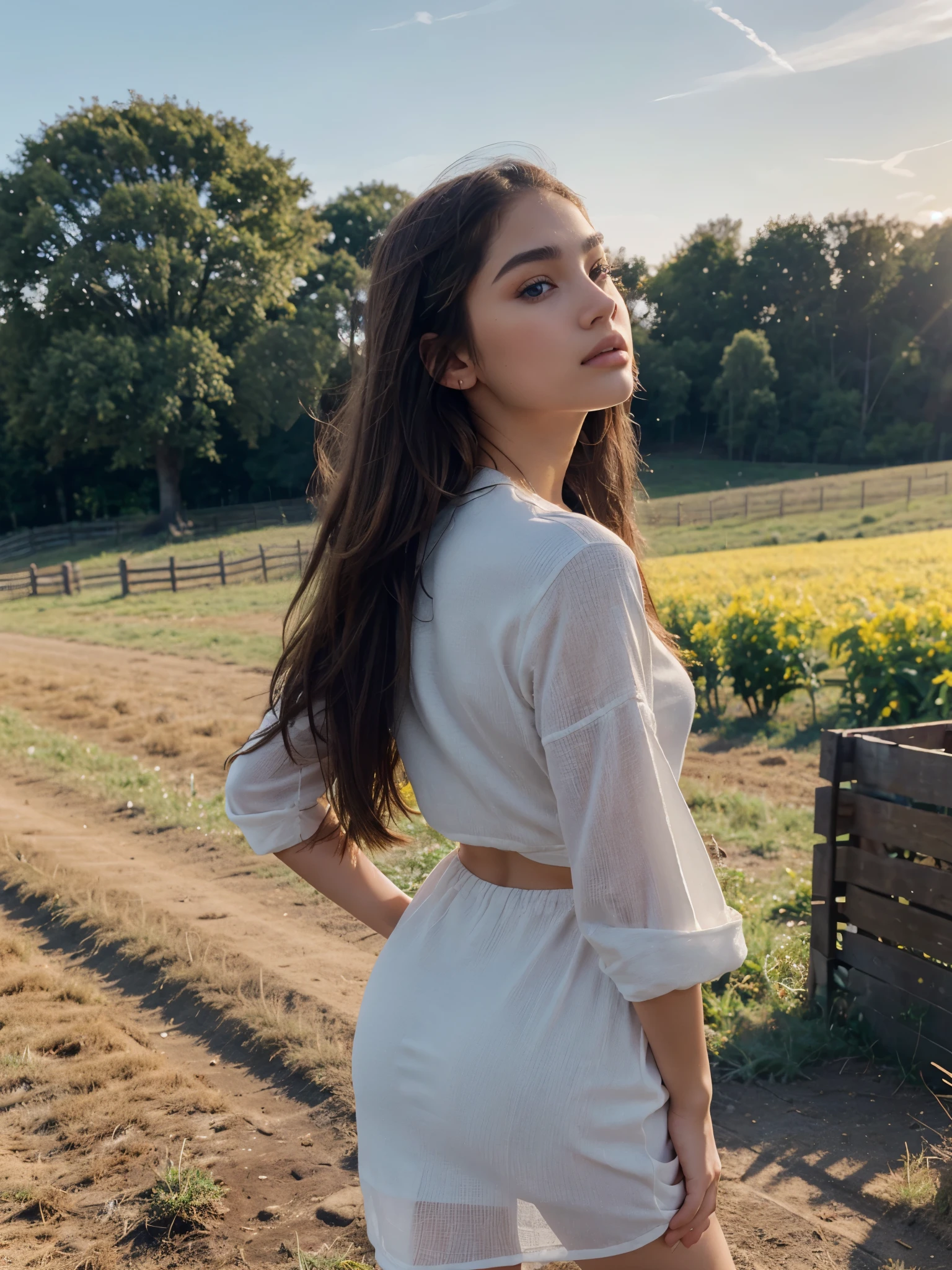 high detail, photorealistic, 8k, high quality, blurred background, photograph of a araffed in a yellow dress walking on the farm, model, ((from behind, looking up to sky)), countryside, straight brown hair, sasha grey, portrait sophie mudd, 18 years old, madison beer girl portrait, violet myers, she looks like a mix of grimes, maggie lindemann, very pretty model, arian mark, natural makeup, blue eyes, cleft chin, ((full body)), deep tan skin, glow, (winter, cold, sunny day), high detailed face, eyes in sharp focus, high quality face, high detailed hands, high quality hands, anatomically correct,