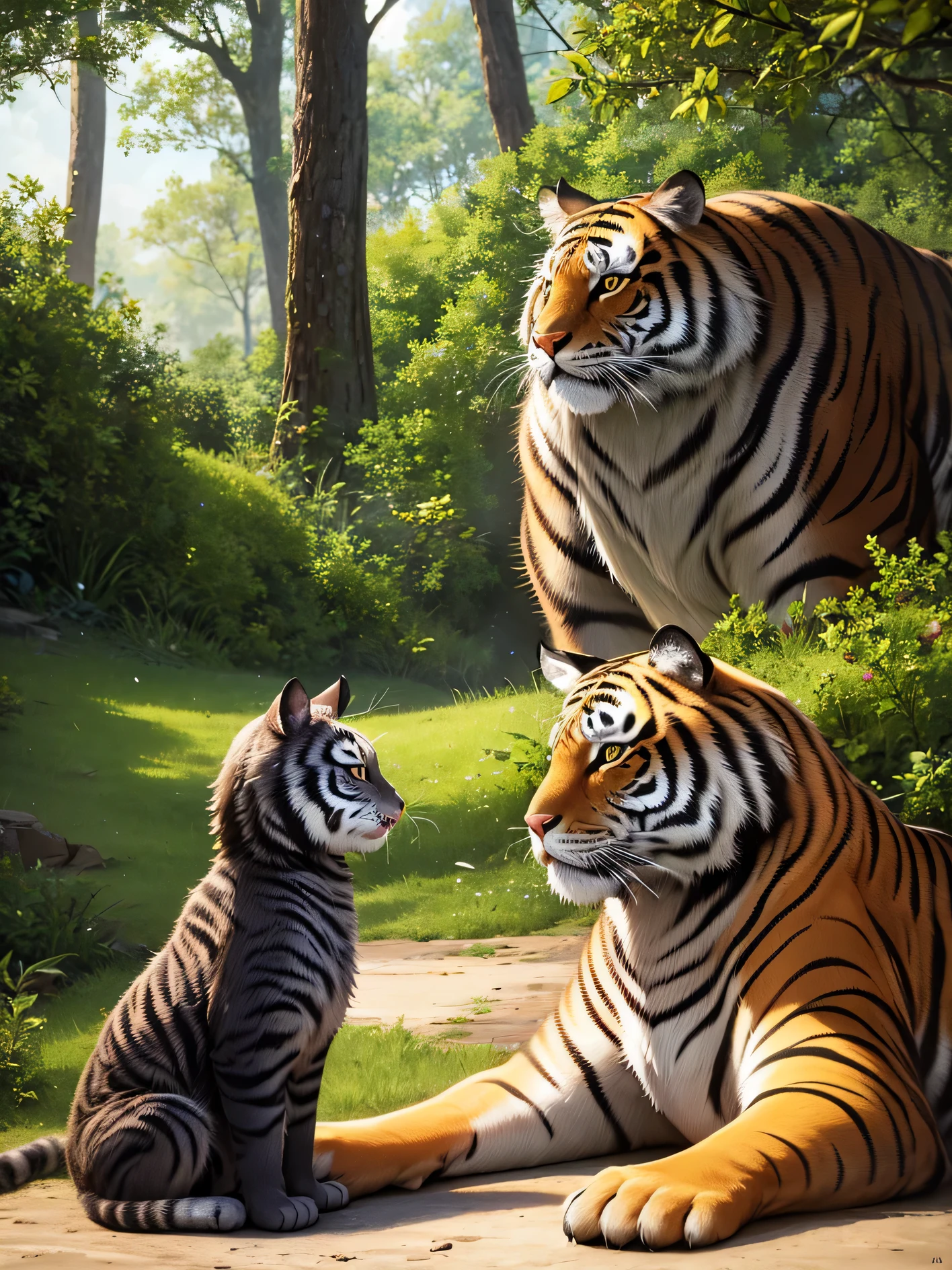 （8k ultra high definition）best picture quality，An old cat and a tiger，They faced each other in the deep forest，There is a big stone and a big tree on the roadside，Both sides are ready to go，duel stance，bright colors、Detailed mustache、Luxurious texture、Realistic fur rendering、closeup portrait、Professional photography