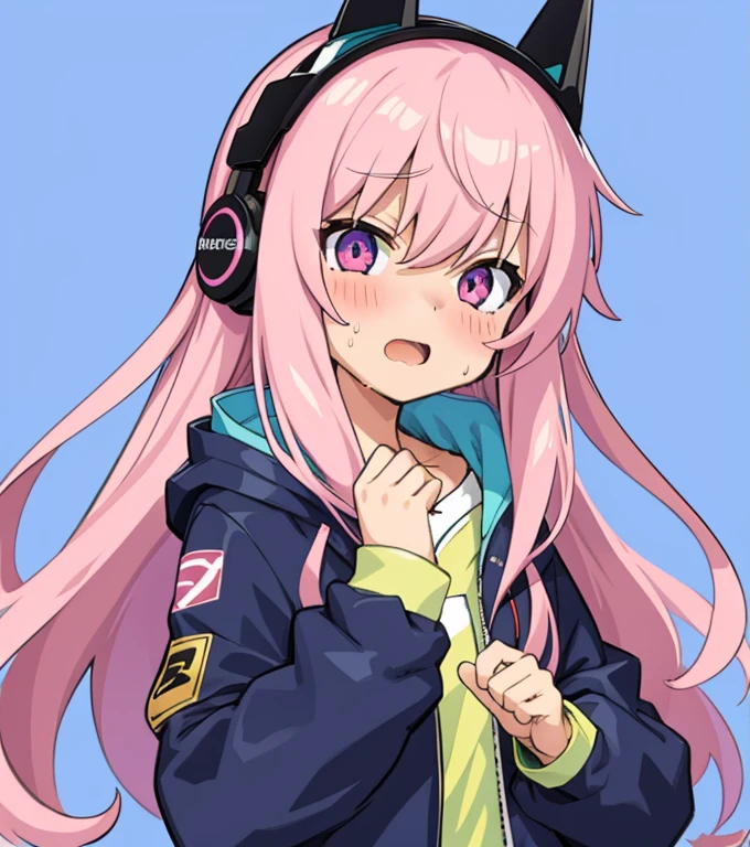 masterpiece, highest quality, super detailed, figure,1 girl,black headphones ,blue Jacket, blush, chest , hoodie, flying sweat drops, Hello, Jacket, Hoshino, long sleeve, looking at the viewer, open your mouth, simple background, alone, Upper body,